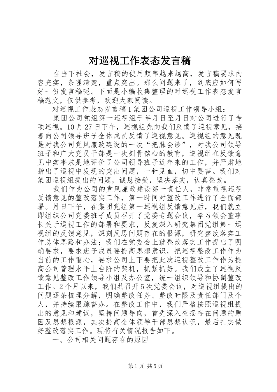 2024年对巡视工作表态讲话稿_第1页