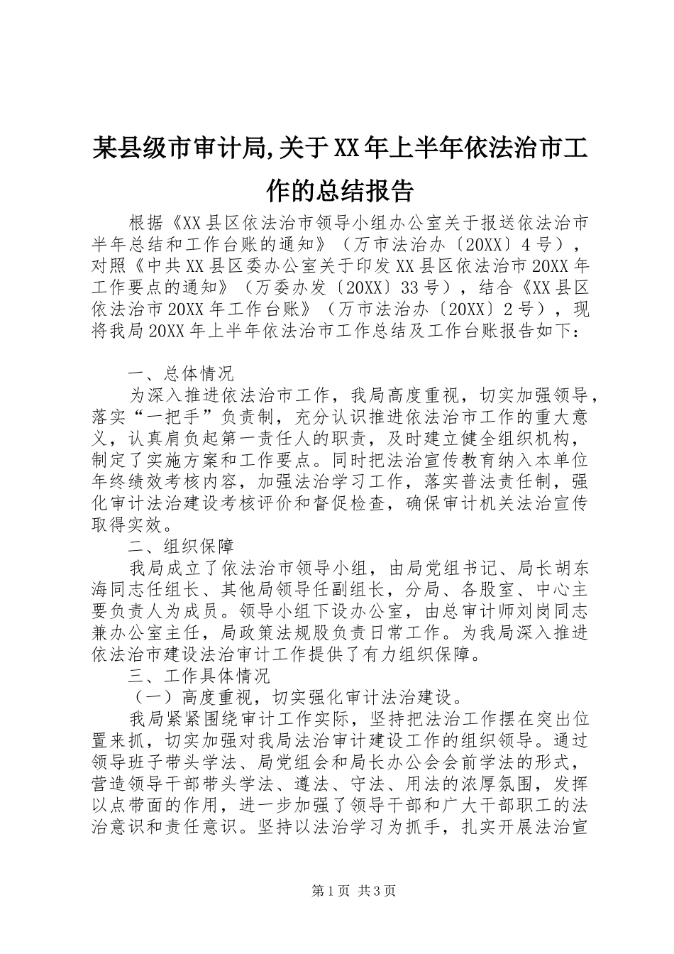 2024年县级市审计局关于上半年依法治市工作的总结报告_第1页
