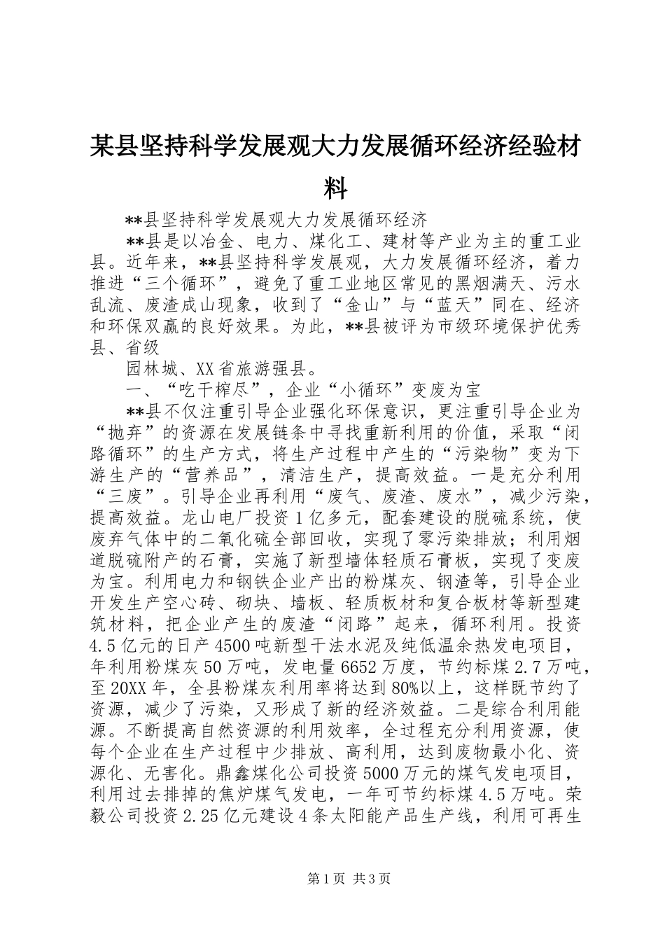 2024年县坚持科学发展观大力发展循环经济经验材料_第1页