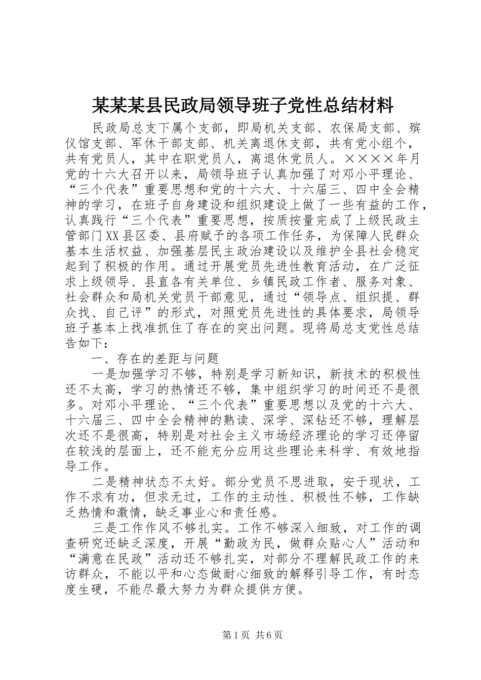 2024年县民政局领导班子党性总结材料_第1页