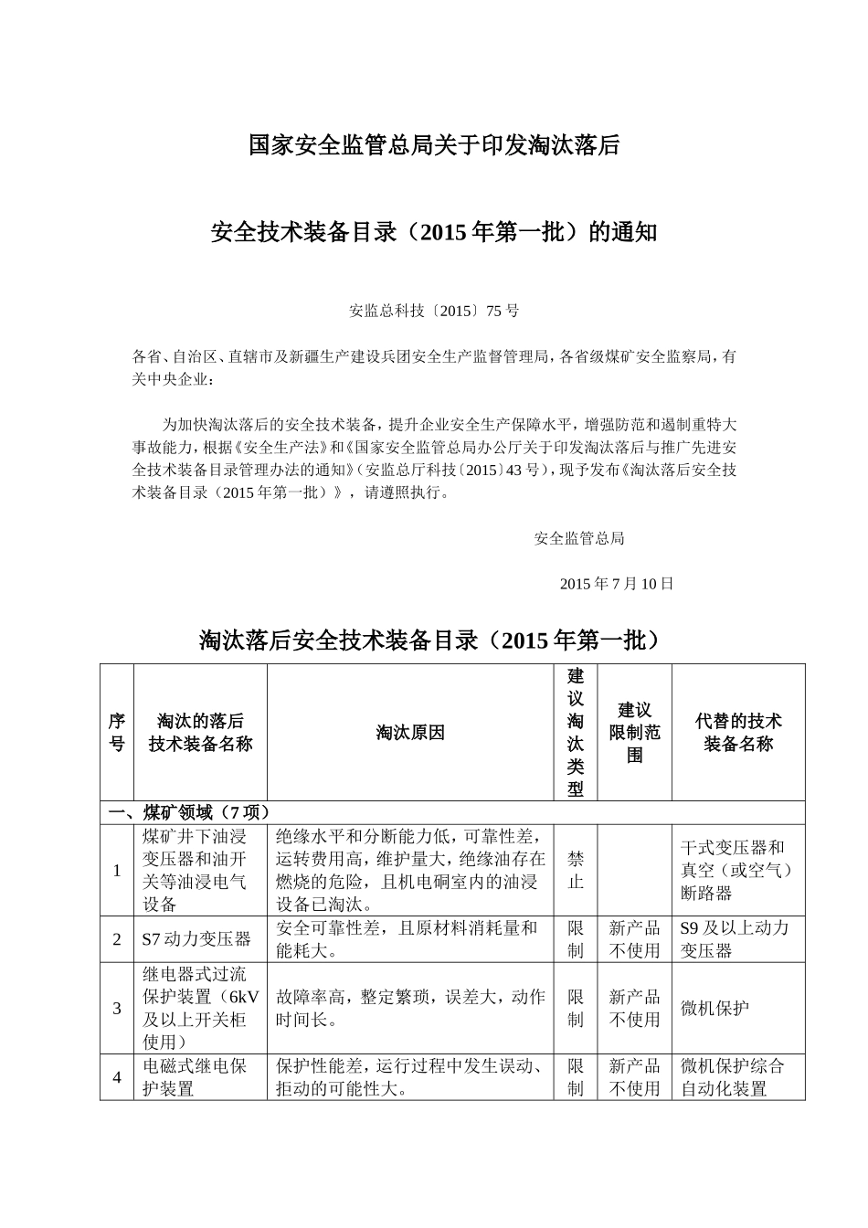 国家安监总局关于关于《淘汰落后安全技术装备目录(2015年第一批)》的通知_第1页