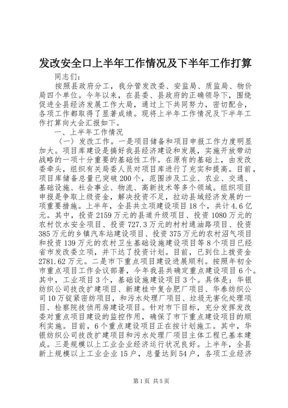 2024年发改安全口上半年工作情况及下半年工作打算_第1页