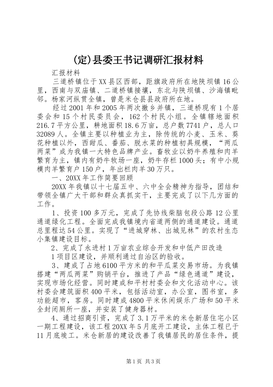 2024年县委王书记调研汇报材料_第1页