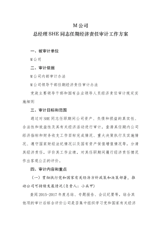 国有企业领导同志任期经济责任审计工作方案