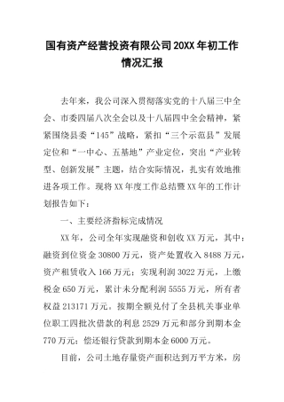 国有资产经营投资有限公司20xx年初工作情况汇报