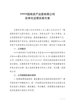 国有资产运营有限公司实体化运营实施方案