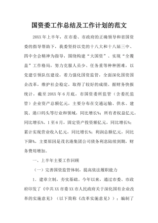国资委工作总结及工作计划的范文