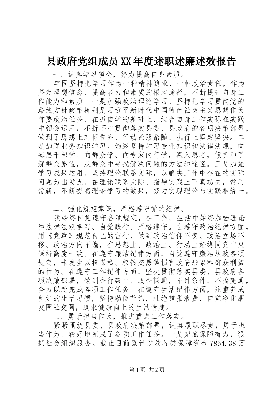 2024年县政府党组成员年度述职述廉述效报告_第1页