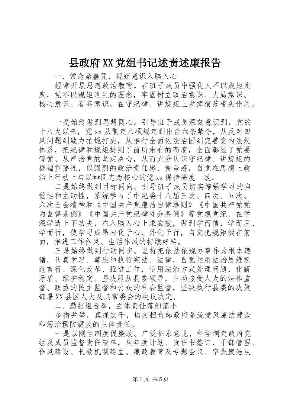 2024年县政府党组书记述责述廉报告_第1页