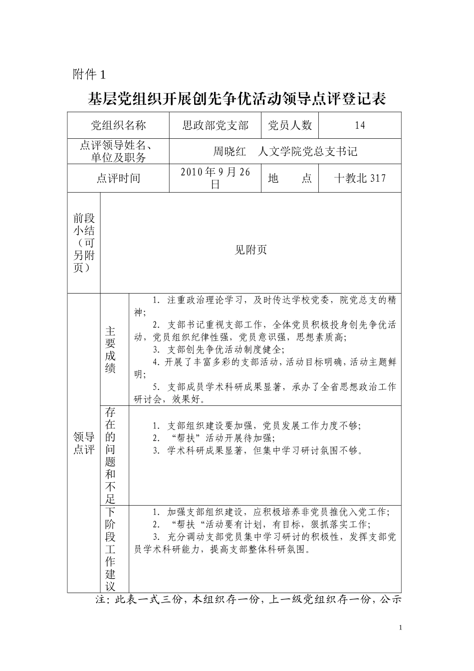 基层党组织开展创先争优活动领导点评登记表_第1页