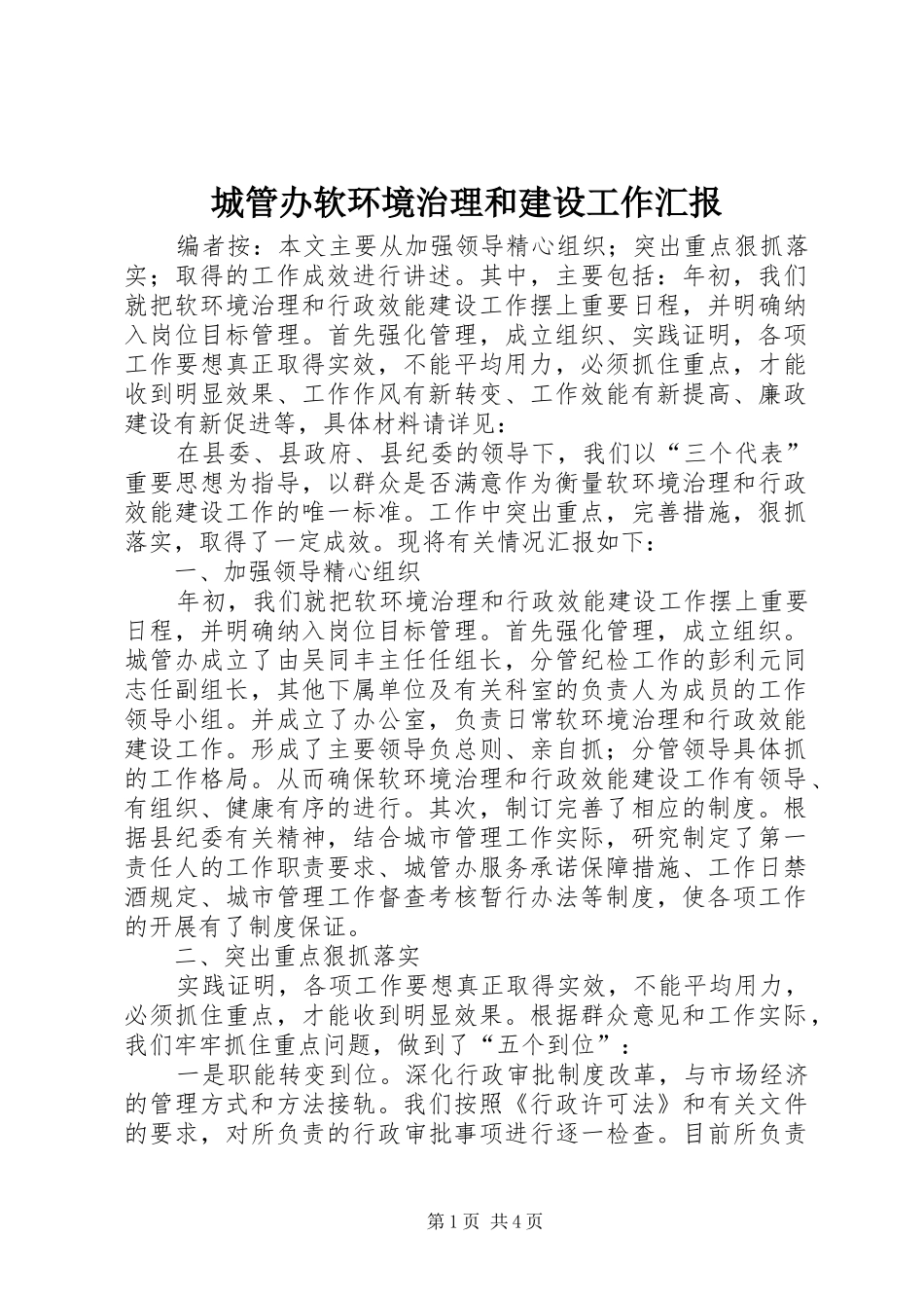 2024年城管办软环境治理和建设工作汇报_第1页