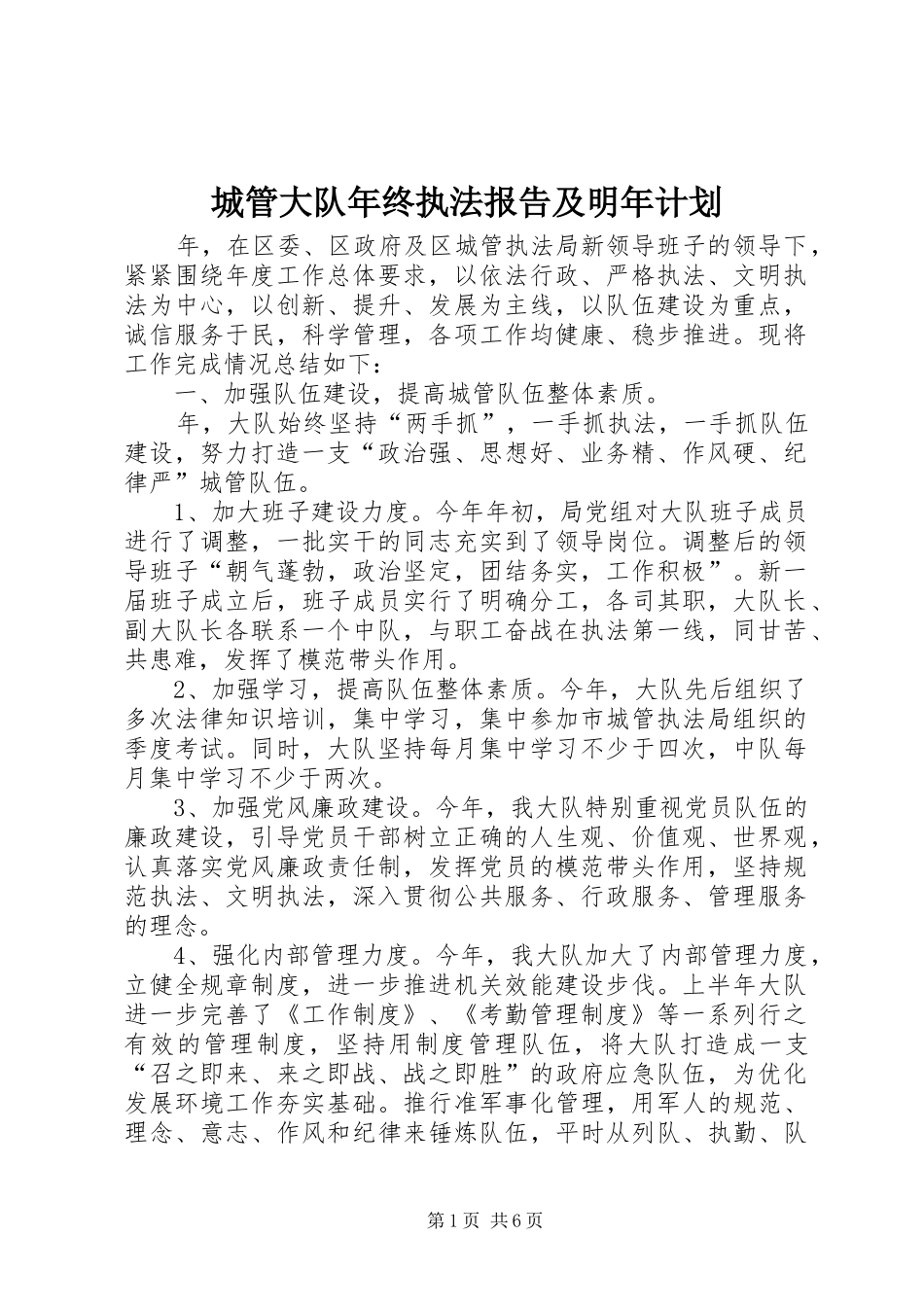2024年城管大队年终执法报告及明年计划_第1页
