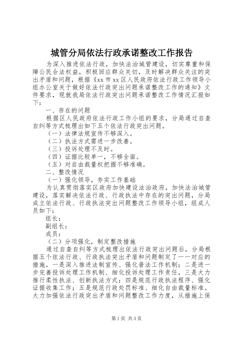 2024年城管分局依法行政承诺整改工作报告_第1页