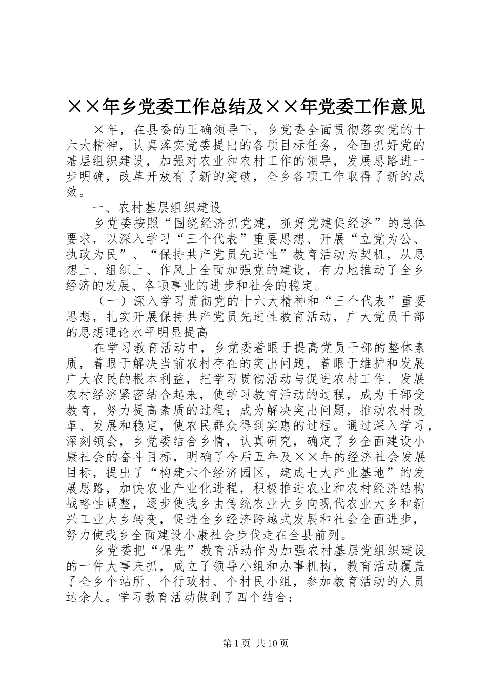 2024年乡党委工作总结及党委工作意见_第1页