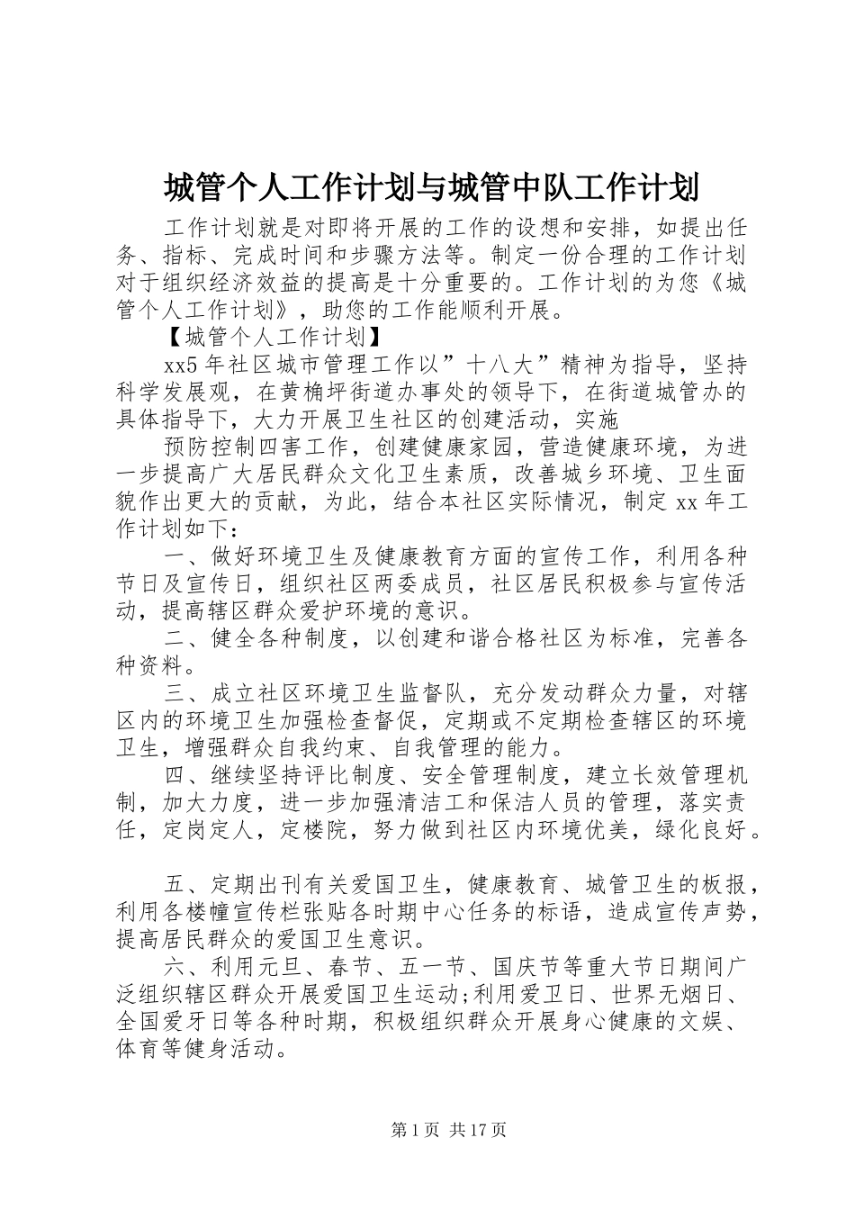 2024年城管个人工作计划与城管中队工作计划_第1页