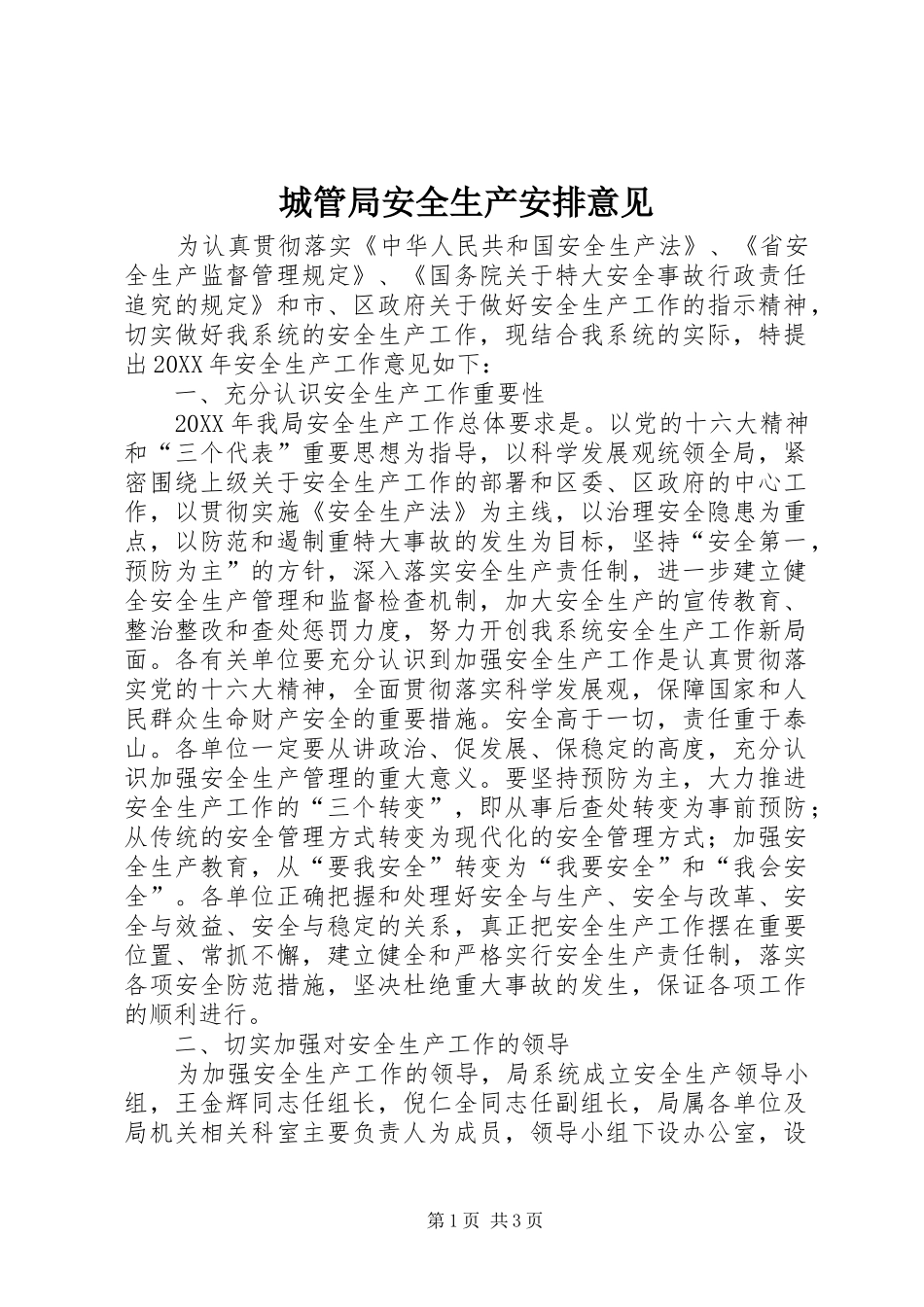 2024年城管局安全生产安排意见_第1页