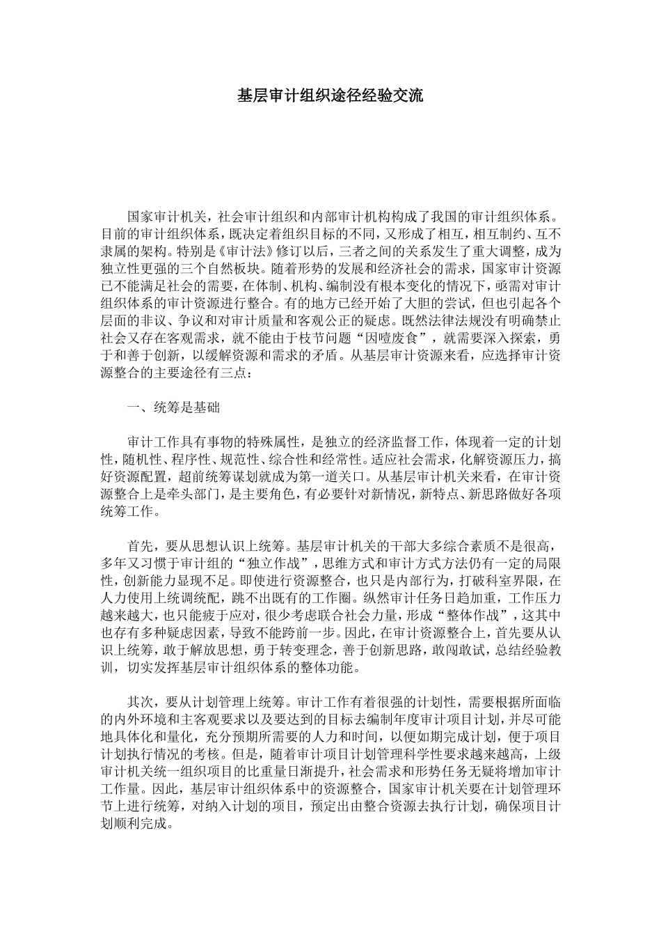 基层审计组织途径经验交流-总结报告模板_第1页