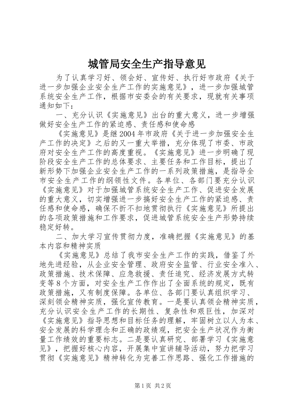 2024年城管局安全生产指导意见_第1页