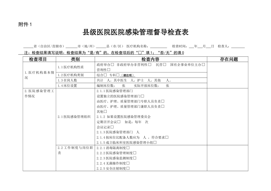 基层医院医院感染管理专项督导检查表_第1页