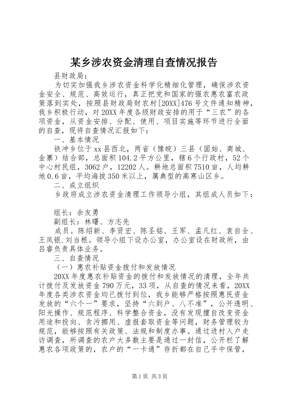 2024年乡涉农资金清理自查情况报告_第1页