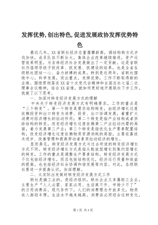 2024年发挥优势创出特色促进发展政协发挥优势特色