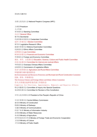 国家机构英文翻译表