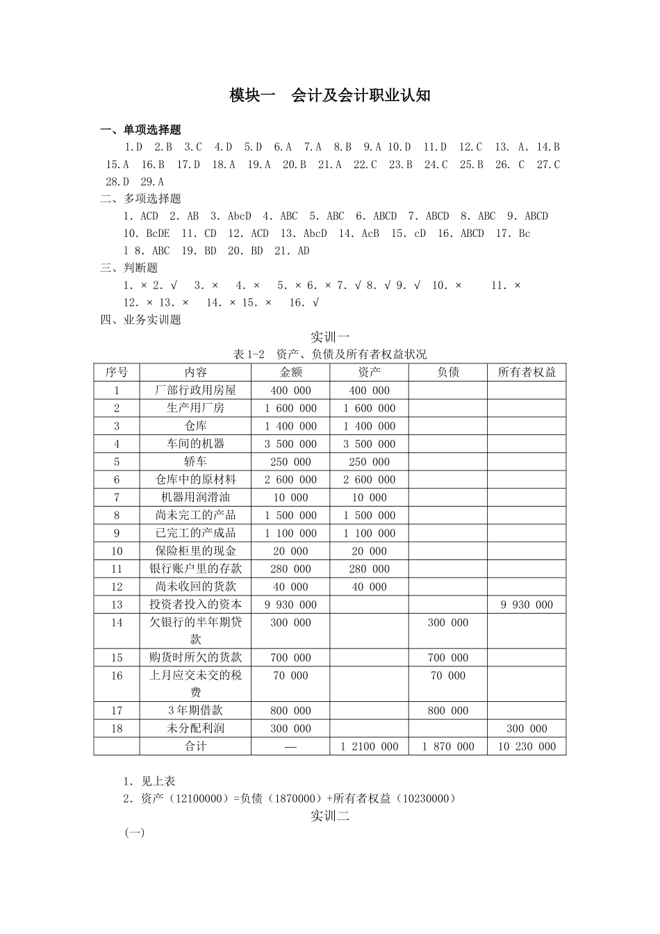 基础会计答案(东北大学出版社)_第1页