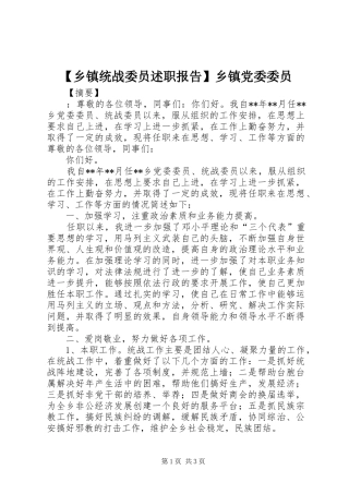 2024年乡镇统战委员述职报告乡镇党委委员