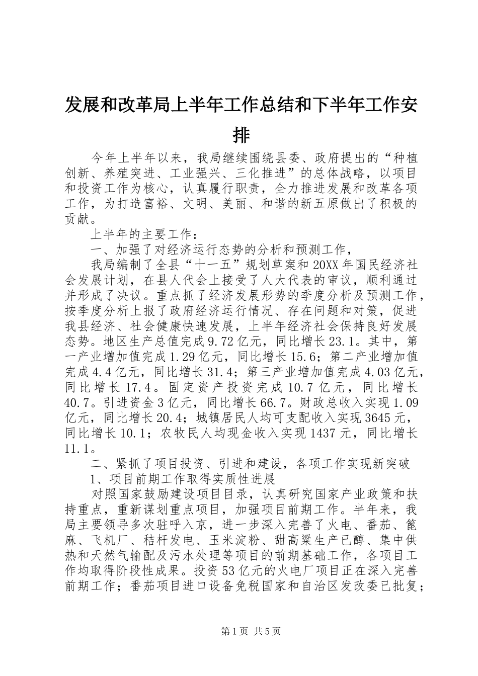 2024年发展和改革局上半年工作总结和下半年工作安排_第1页
