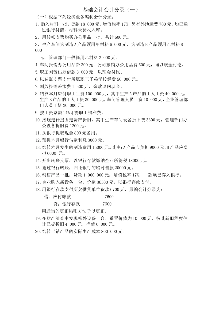 基础会计分录大全练习题及答案_第1页