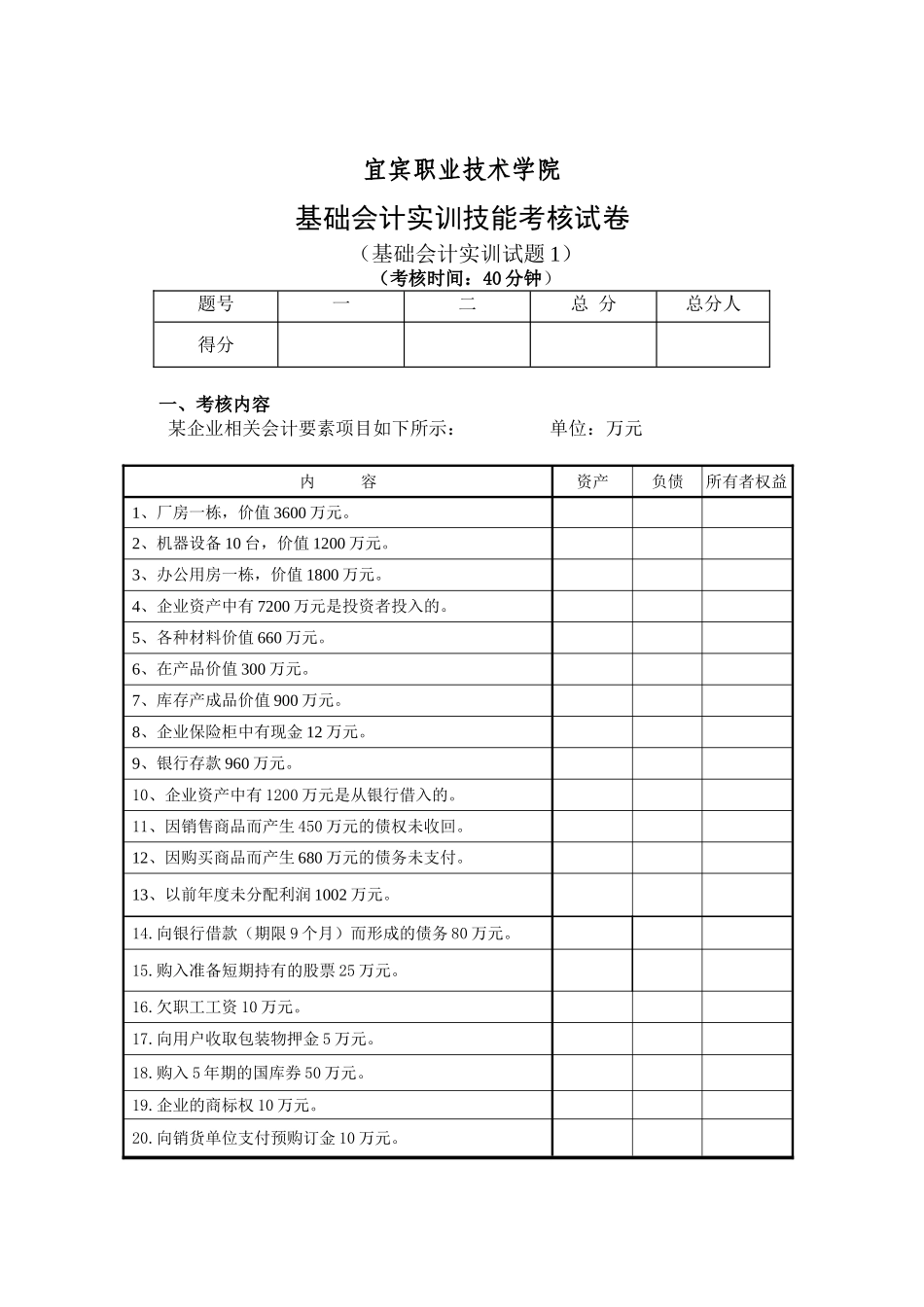 基础会计实训考试题及答案(五套)(14级财务管理)_第2页