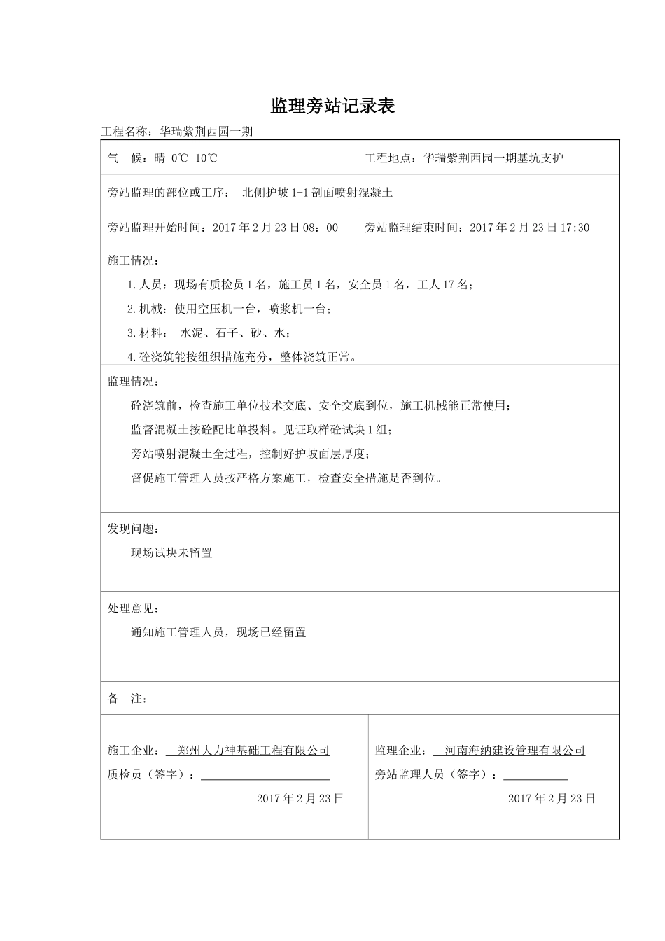 基坑支护护坡喷射砼旁站记录_第1页