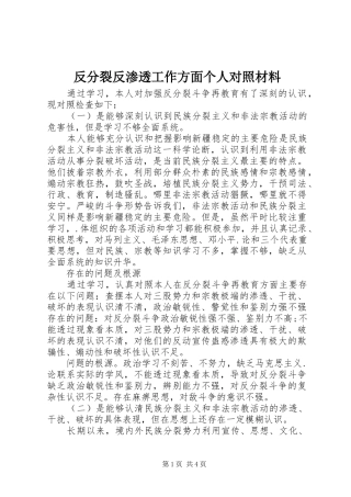 2024年反分裂反渗透工作方面个人对照材料