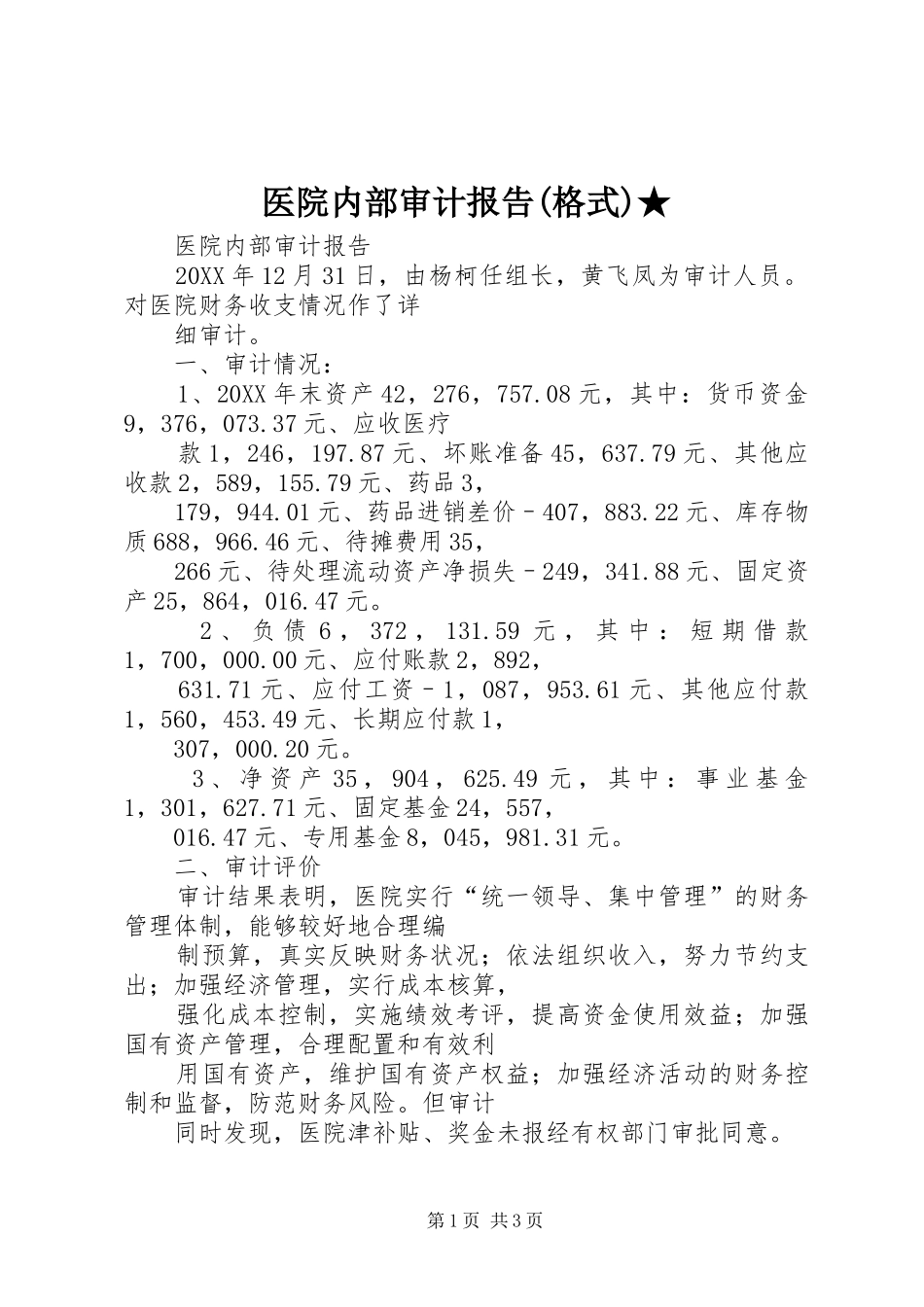 2024年医院内部审计报告格式_第1页