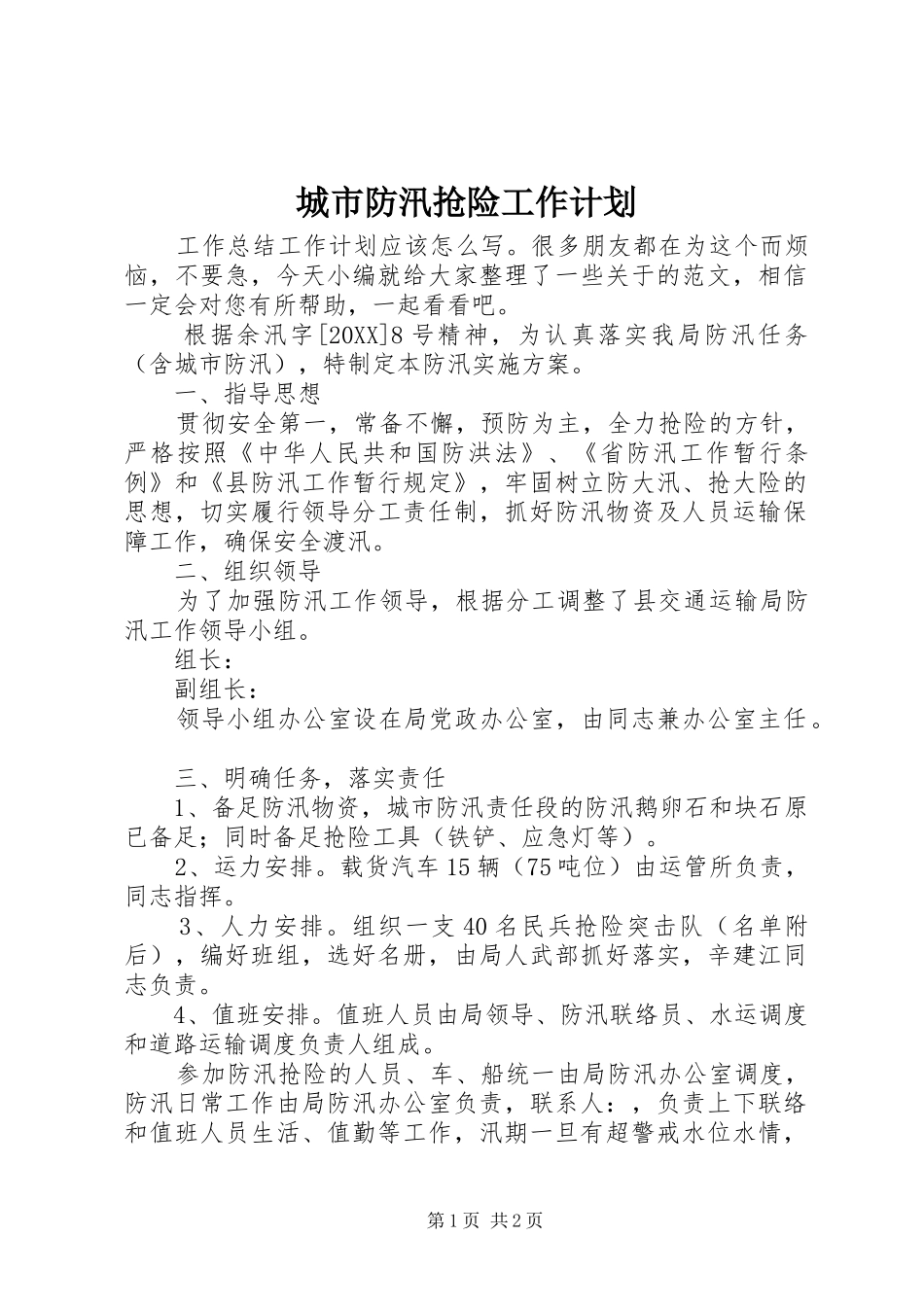 2024年城市防汛抢险工作计划_第1页