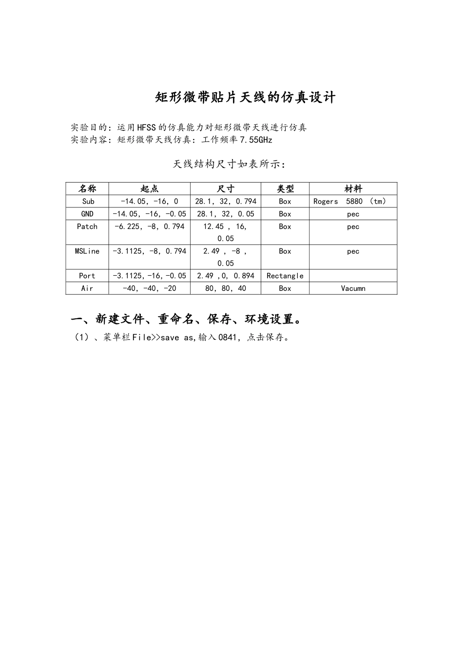 基于HFSS矩形微带贴片天线的仿真设计报告_第1页