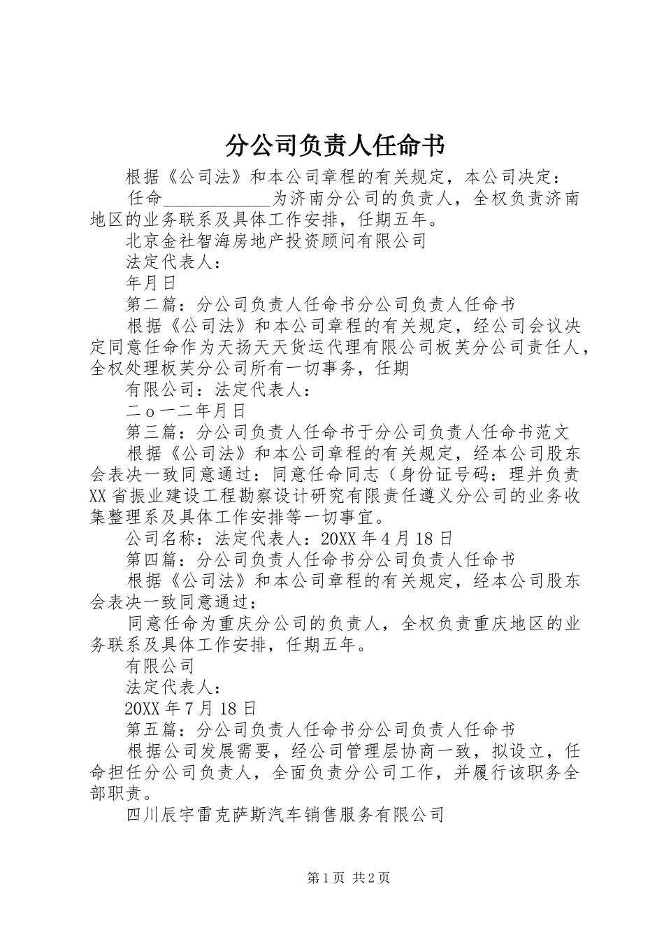 2024年分公司负责人任命书_第1页