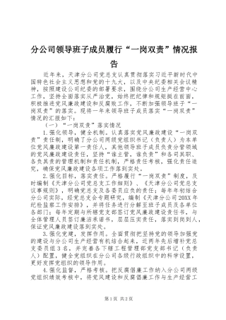 2024年分公司领导班子成员履行一岗双责情况报告
