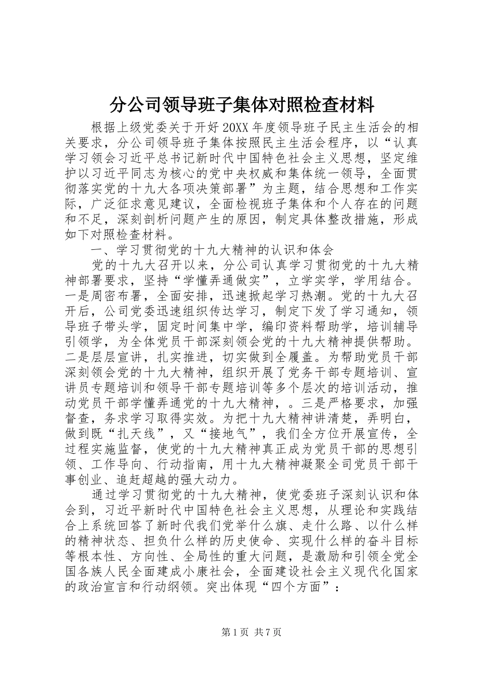 2024年分公司领导班子集体对照检查材料_第1页