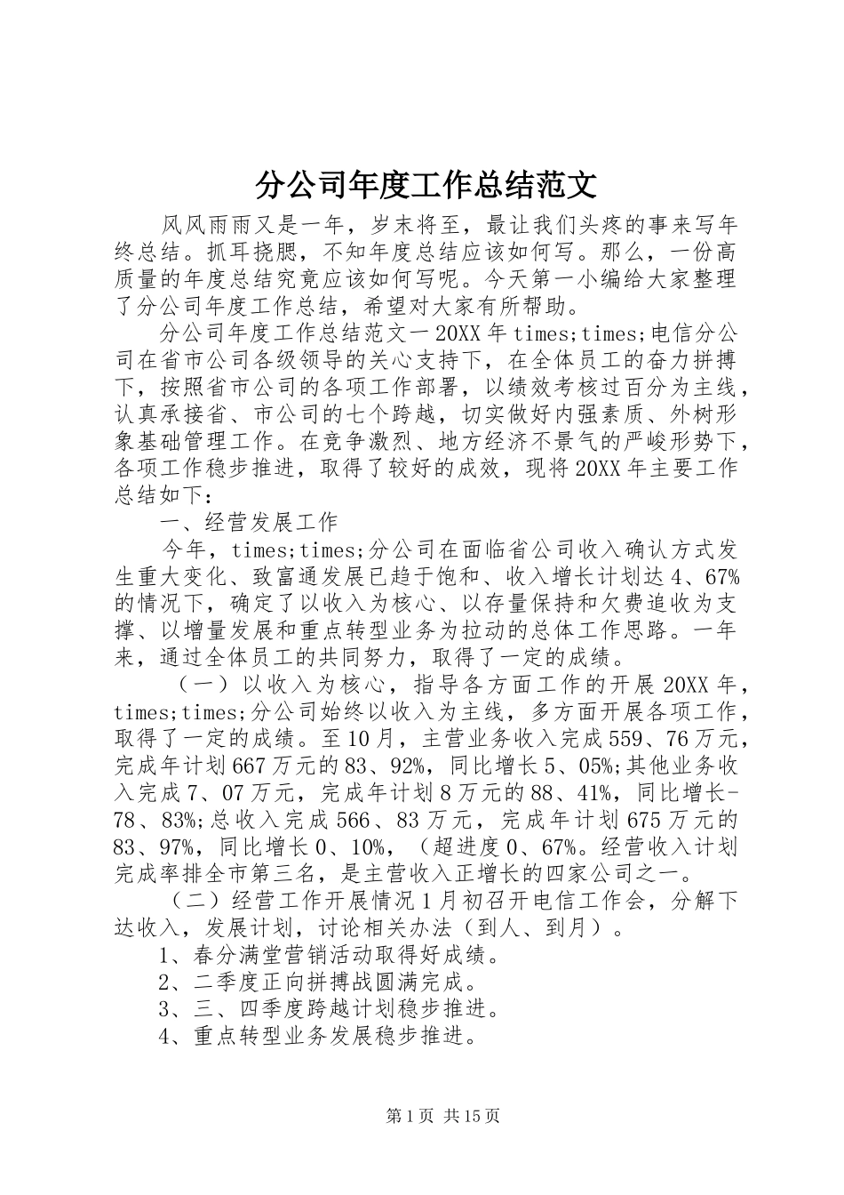 2024年分公司年度工作总结范文_第1页