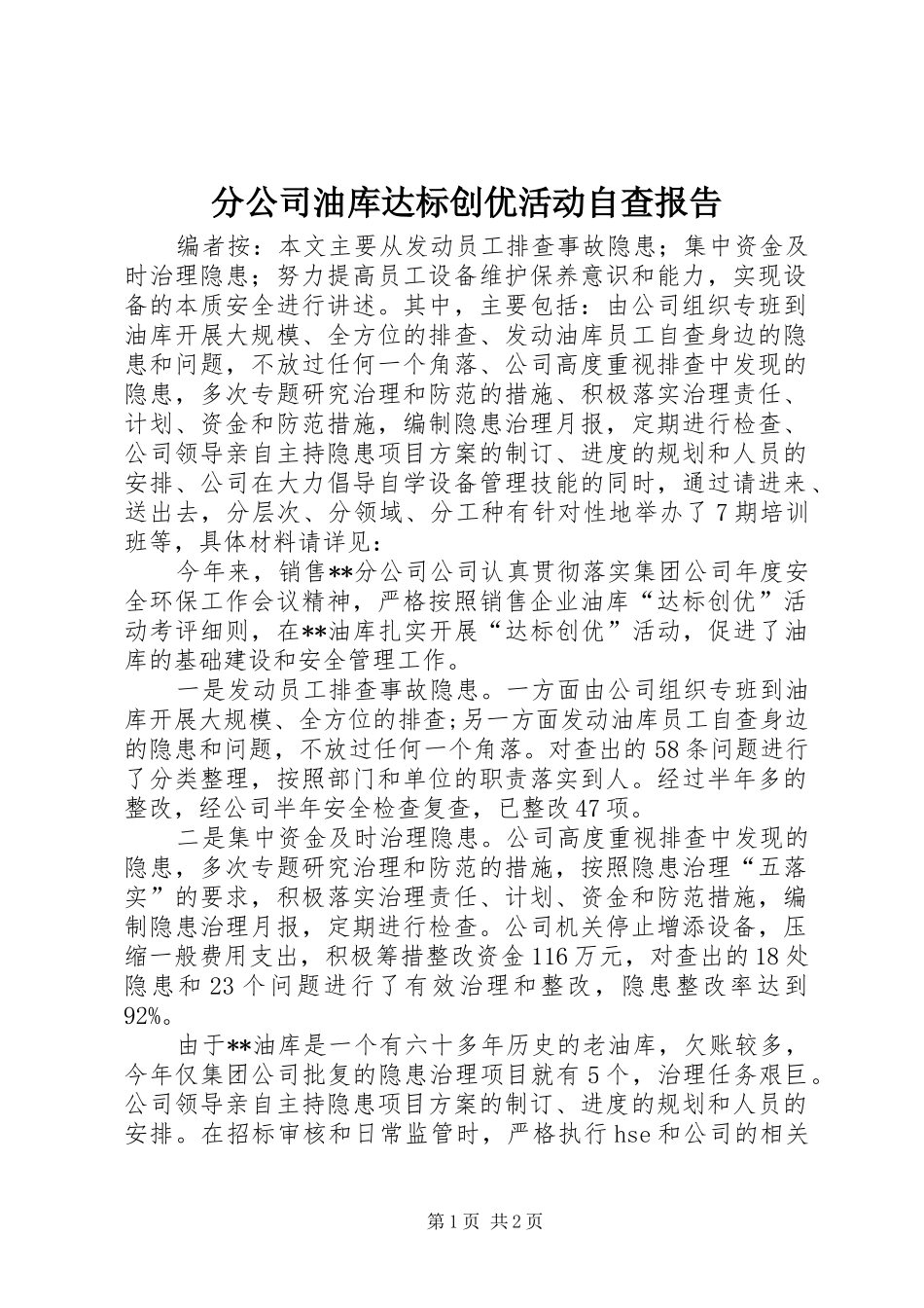2024年分公司油库达标创优活动自查报告_第1页