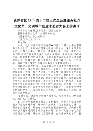 2024年在共青团市委十二届三次全会暨服务牡丹文化节文明城市创建志愿者大会上的致辞