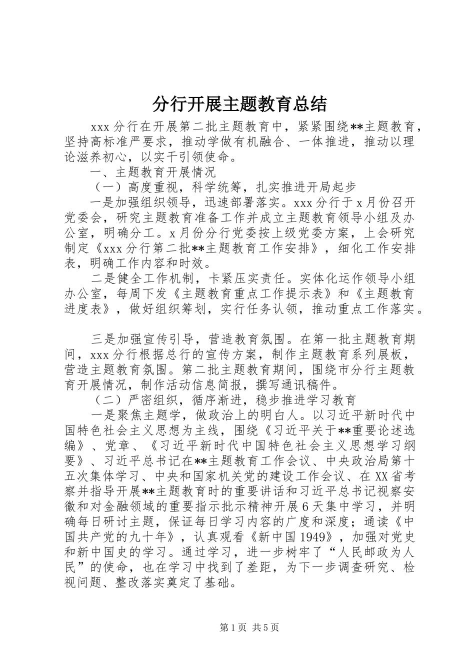 2024年分行开展主题教育总结_第1页