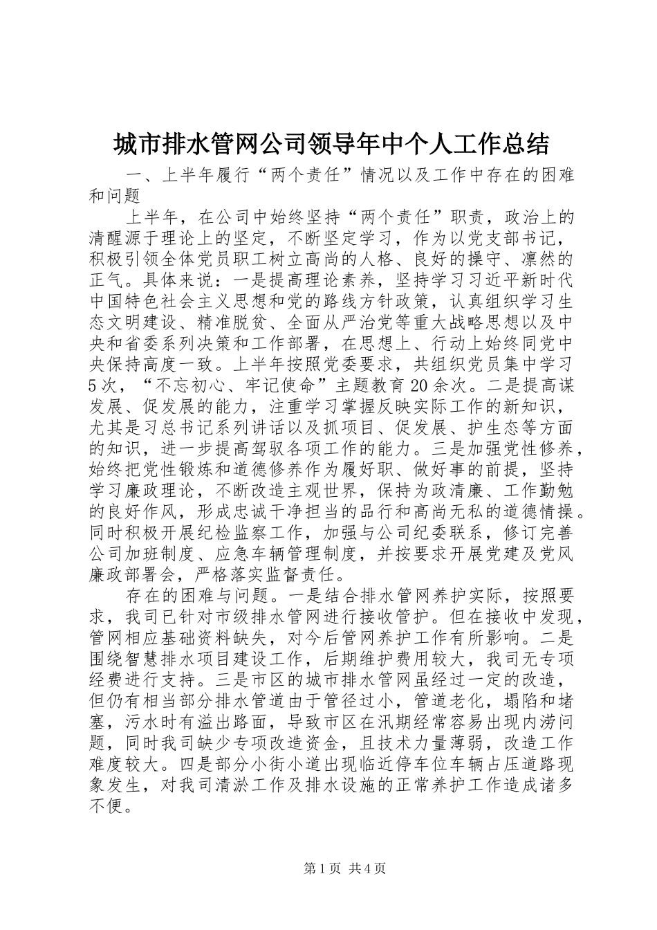 2024年城市排水管网公司领导年中个人工作总结_第1页