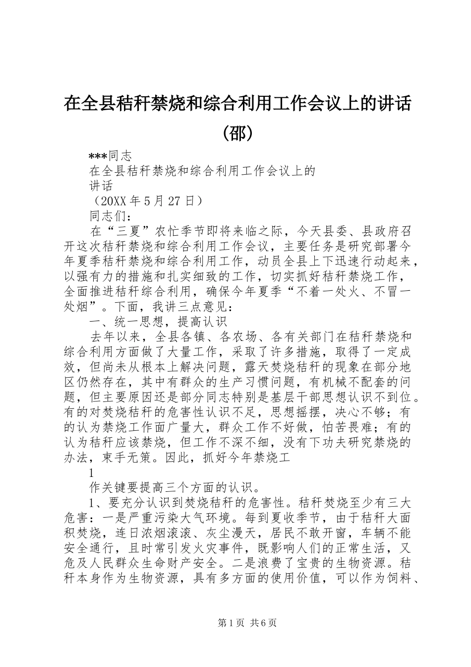 2024年在全县秸秆禁烧和综合利用工作会议上的致辞邵_第1页