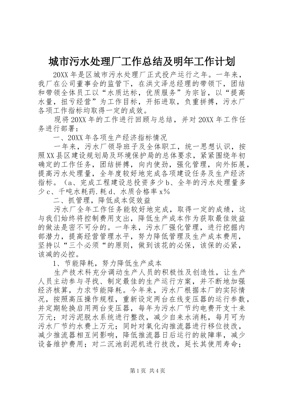 2024年城市污水处理厂工作总结及明年工作计划_第1页