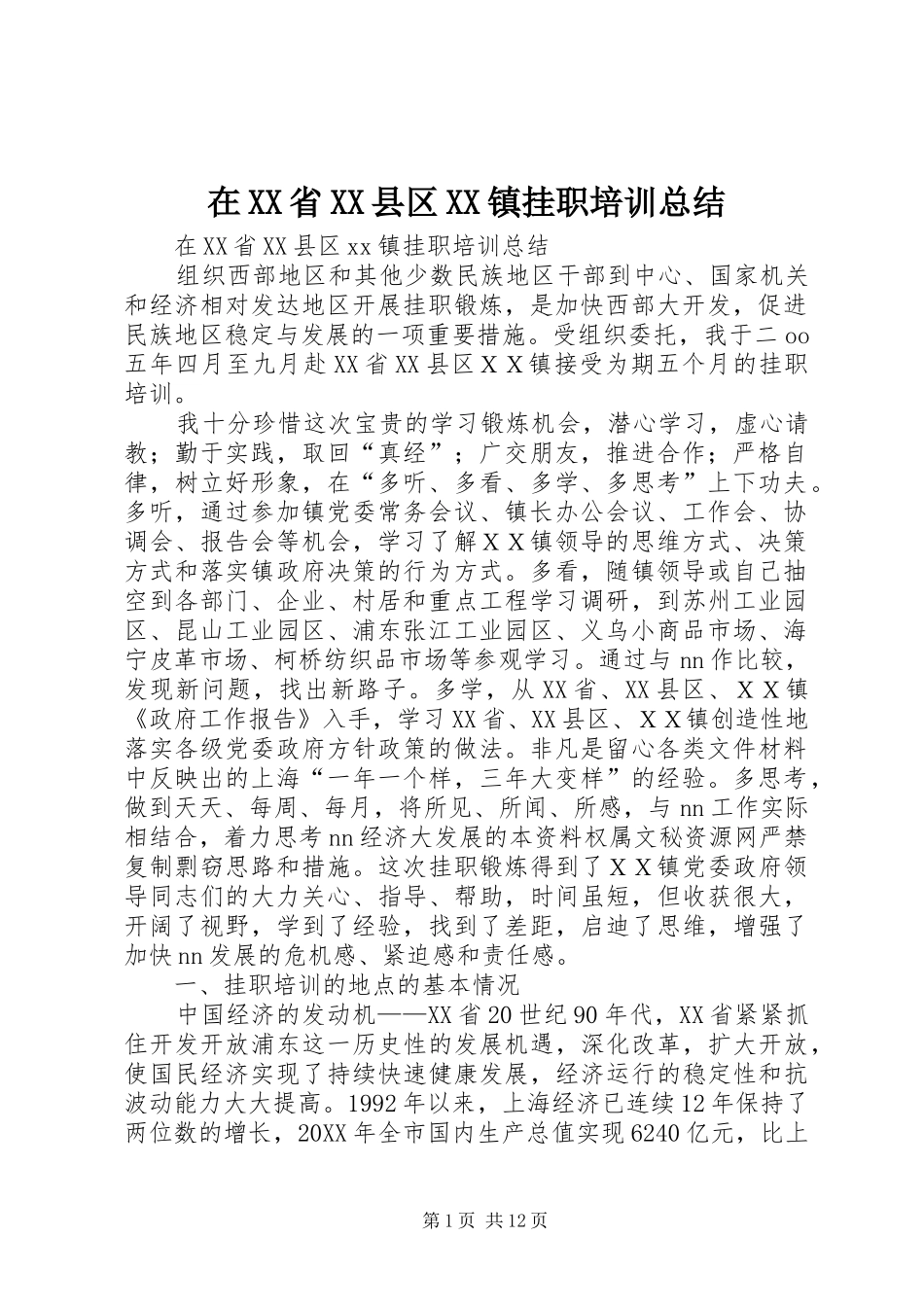 2024年在省县区镇挂职培训总结_第1页