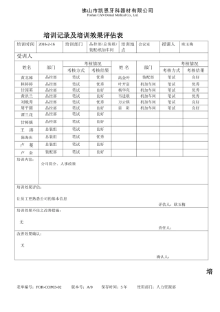 培训记录及培训效果评估表