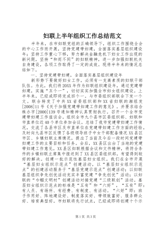 2024年妇联上半年组织工作总结范文