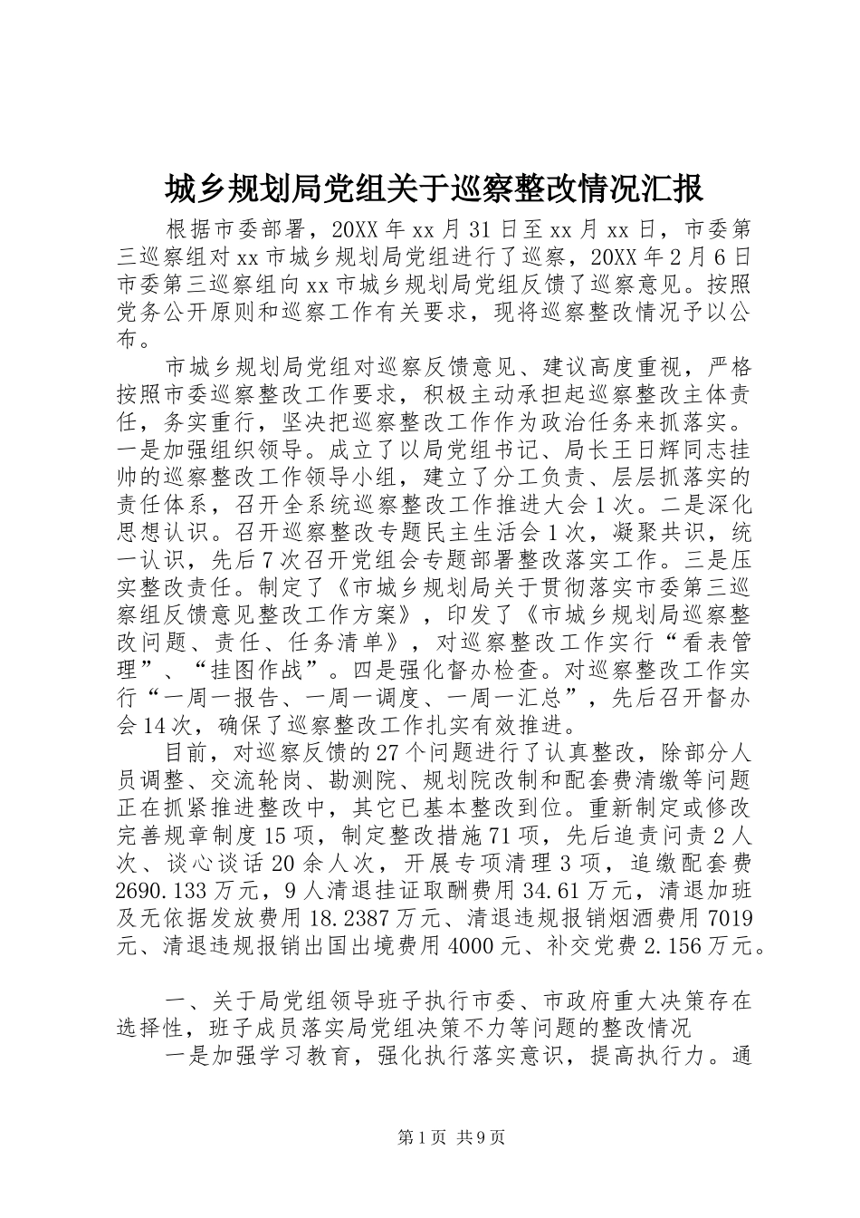 2024年城乡规划局党组关于巡察整改情况汇报_第1页